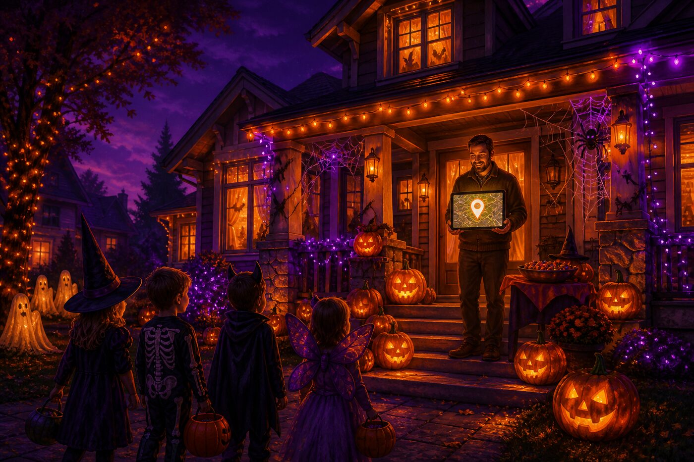 Halloweenre feldíszített ház, a tulajdonos a térképen jelöli a helyét